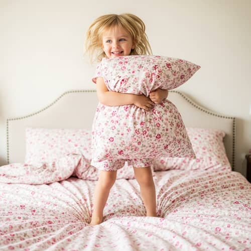 Joyful Young Girl Jumping on Queen-Sized Bed | Pure Happiness