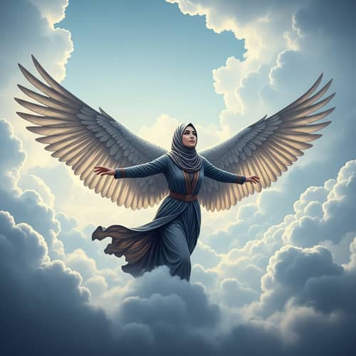 Middle-Eastern Woman Soaring with Wings in Cloudy Sky