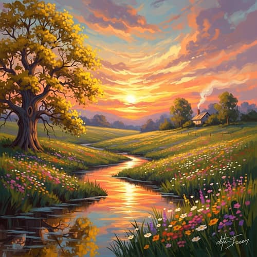 Impressionistic Countryside Landscape at Sunset