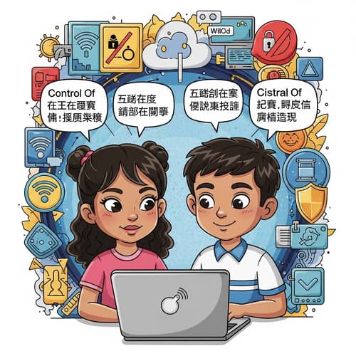 Colorful Educational Cartoon Drawing: Digital Age Theme