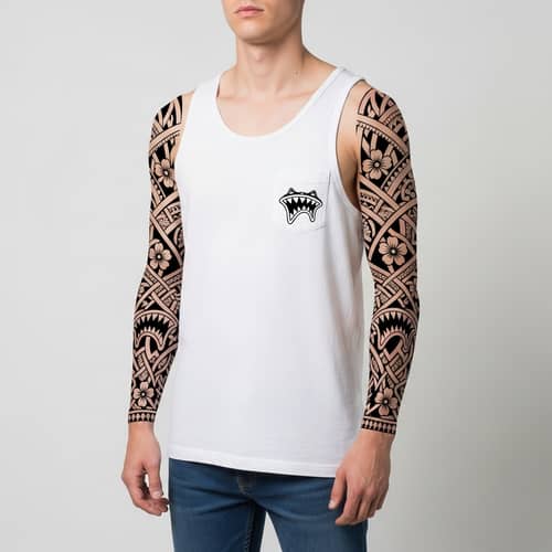 Male Tribal Sleeve Tattoo Design with Small Flower Motifs and Sharktooth
