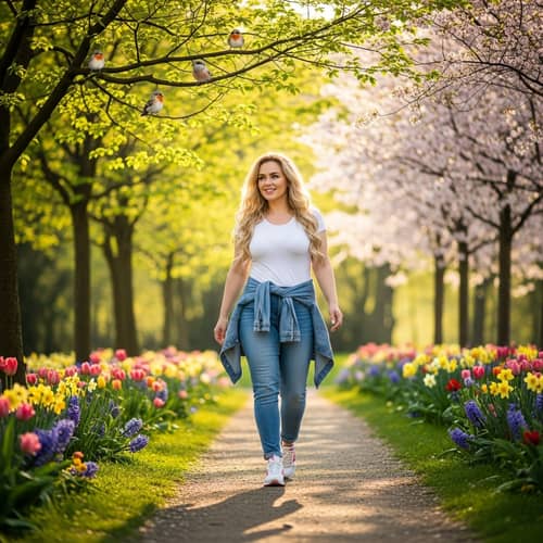 Beautiful Blonde Woman Strolling in Spring Park | Casual Sneakers