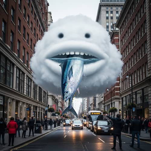 Cloud Carrying Fish in Street - Captivating Scene