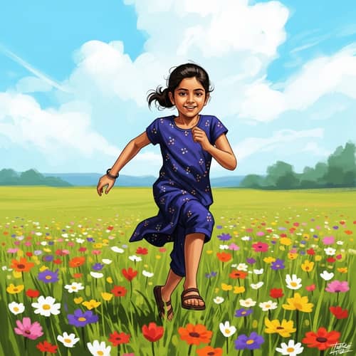 Dynamic South Asian Girl Sprinting Through Colorful Wildflower Field