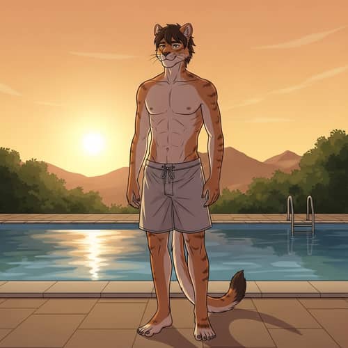 Male Animal Demi-Human by Pool in Swim Shorts