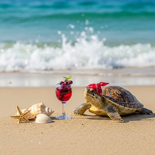 Quirky Turtle Enjoying Grape Juice on Sandy Beach