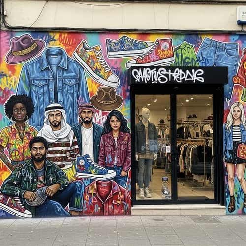 Fashion Street Mural: Urban Art Display with Diverse Clothing Items