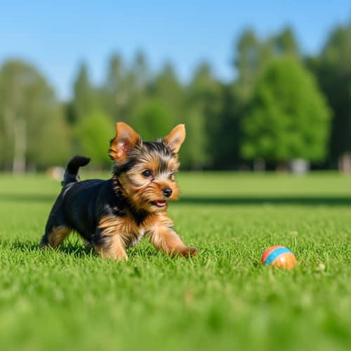 Playful Yorkshire Terrier Puppy in Lush Green Park