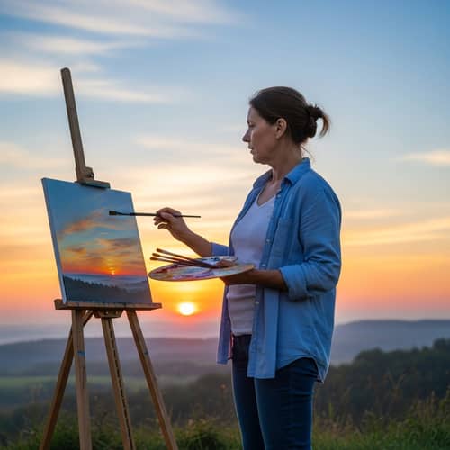 Capturing the Sunrise: A Woman Painting a Serene Landscape