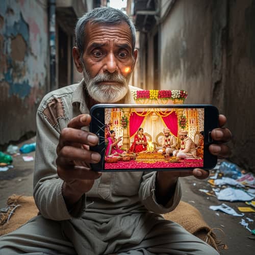 South Asian Beggar Captivated by Opulent Wedding on Mobile