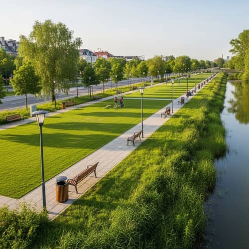 Serene Linear Park at Wetland's Edge | Green Spaces & Street Furniture