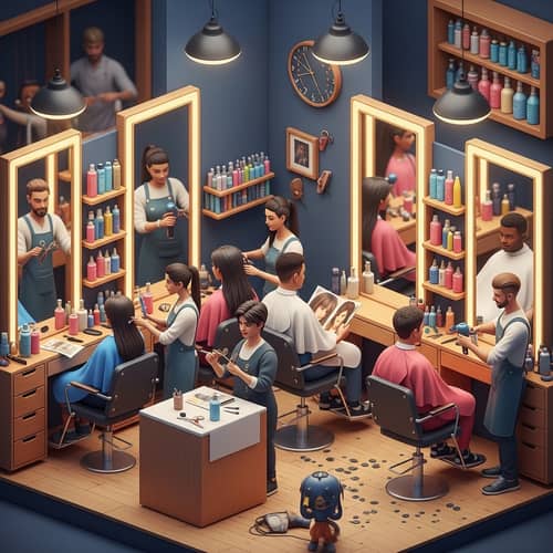 Vibrant Hair Salon Scene: Diverse Clients & Stylists in Action