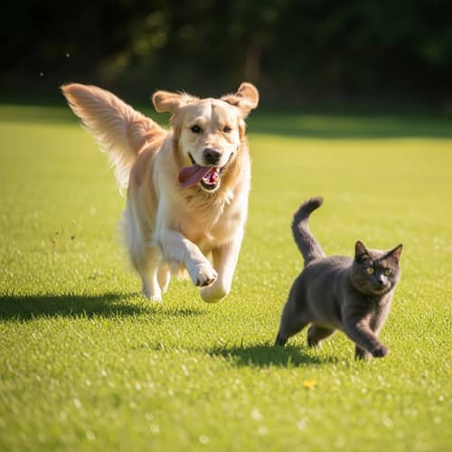 Energetic Golden Retriever Chasing Playful Cat in Green Meadow