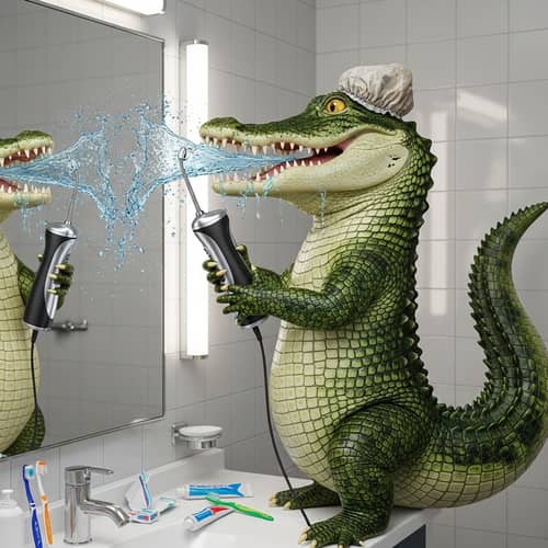 Hilarious Green Alligator Using Oral Irrigator for Chaotic Dental Hygiene