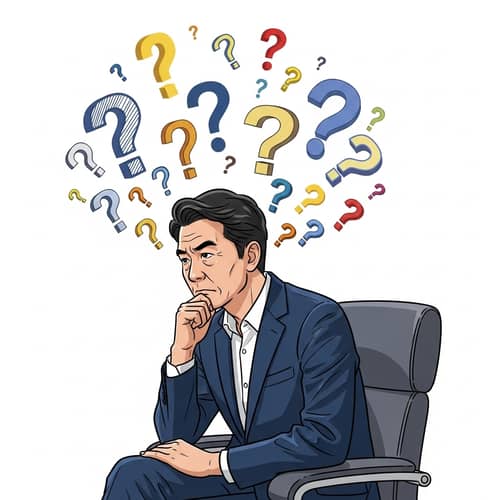 Contemplative Asian Leader Surrounded by Diverse Question Marks