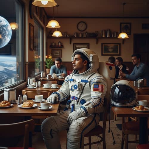 South Asian Astronaut in Cafe | Earth View | Space Exploration