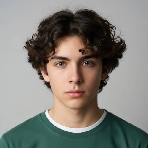 Captivating 19-Year-Old Male with Curly Dark Brown Hair & Steel Blue Eyes