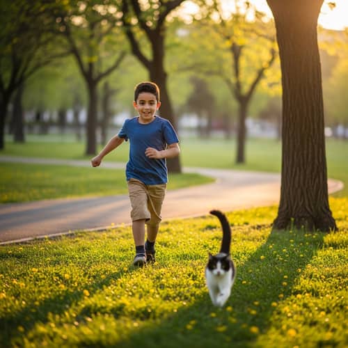 Middle-Eastern Boy Chasing Cat in Park