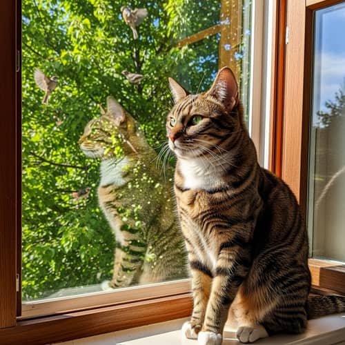 Domestic Short-Haired Cat Enjoying Sunny Day on Windowsill
