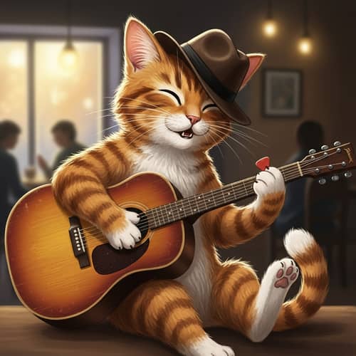 Cat in Hat Playing Guitar - Fun Illustration