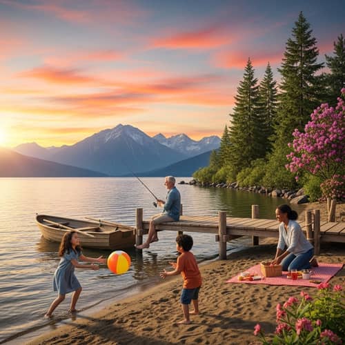 Scenic Sunset View over Lake with Mountain Range | Family Picnic Scene