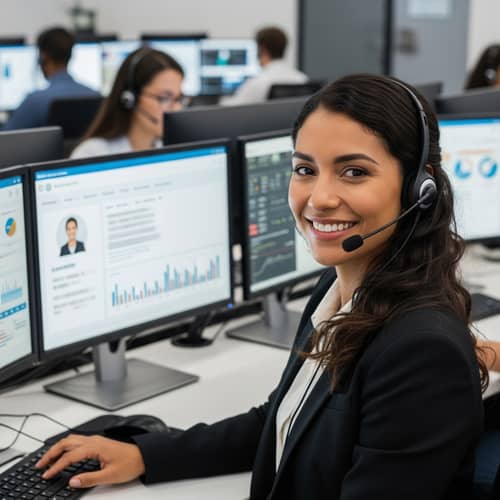 Hyperrealistic Latina Woman Smiling in Call Center | UHD Image