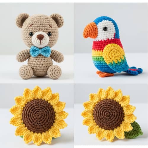 Handcrafted Crochet Amigurumi Toys: Teddy Bear, Parrot, Sunflower