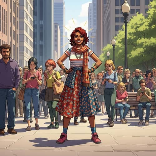 Vibrant South Asian Woman Standing Out in Diverse Crowd