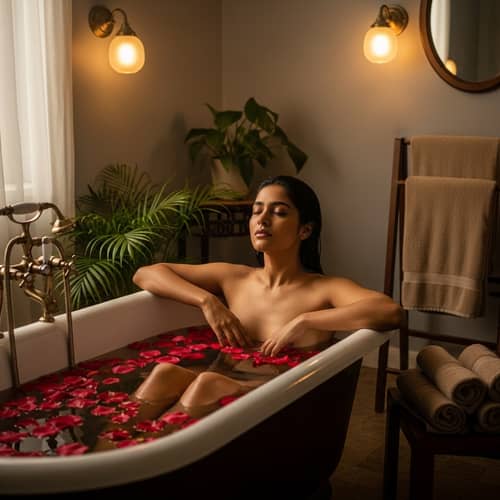 Tranquil South Asian Woman Bathing in Antique Tub with Rose Petals