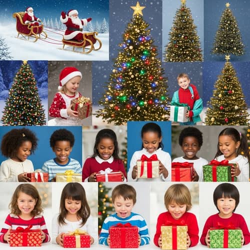 Traditional Christmas Postcard with Santa, Christmas Trees & Multicultural Children