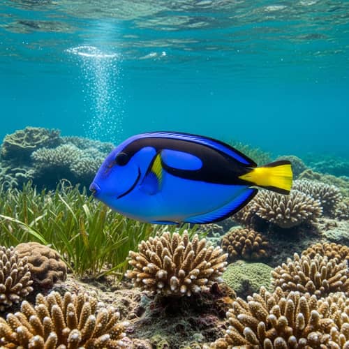 Graceful Blue Tang Fish in Vibrant Underwater Landscape