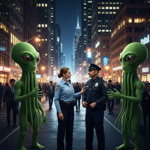 Extraterrestrial Encounter in Metropolitan Night Scene
