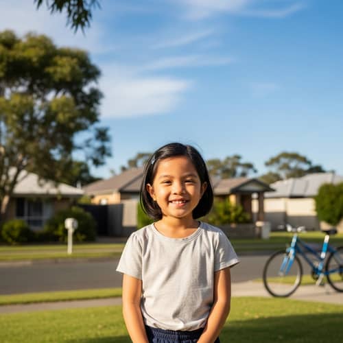 Optimistic Vietnamese-Australian Girl with Cerebral Palsy | Serene Suburban Scene
