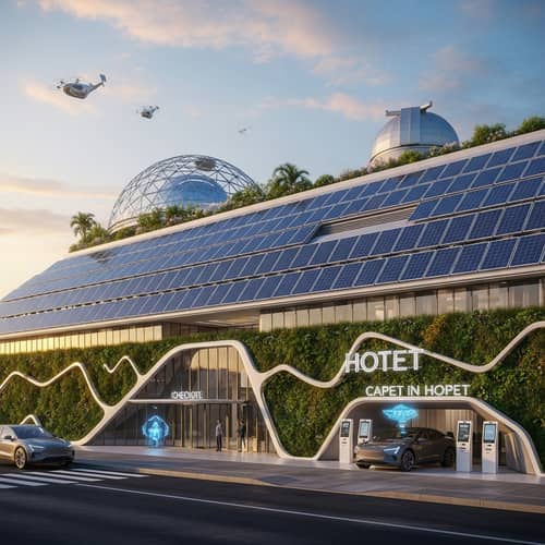 Futuristic Hotel with Solar Panels and Vertical Gardens