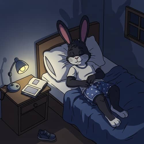 Anthropomorphic Black Rabbit Sleeping in Modest Sleepwear