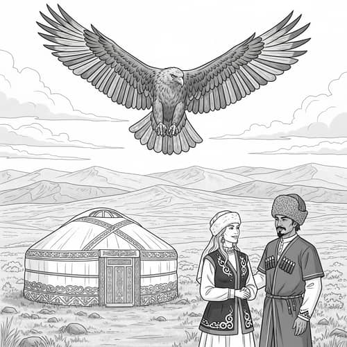 Monochrome Drawing of Tranquil Scene on Kazakh Steppe