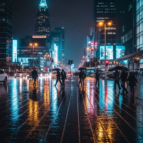 Bustling City Night Rainfall: Shimmering Lights & Colors