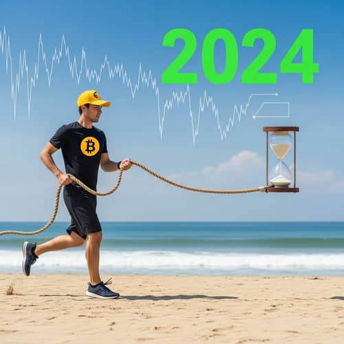 Young Man Jogging on Bali Beach in Nike Dunk Shoes and Bitcoin Cap | 2024 Graph