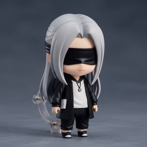 Chibi-style Blindfolded East Asian Figure in Modern Attire