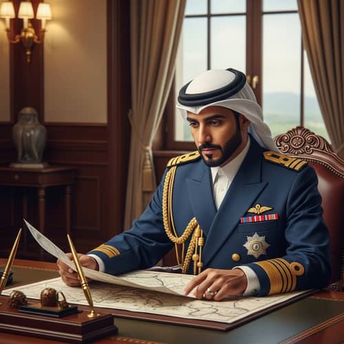 Royal Middle-Eastern Man in Navy Attire Studying Detailed Map