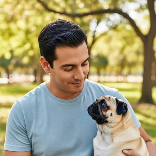 Hispanic Man with Fawn-Colored Pug | Heartwarming Image