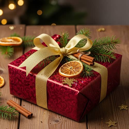 Elegant Christmas Present with Gold Details on Wooden Table