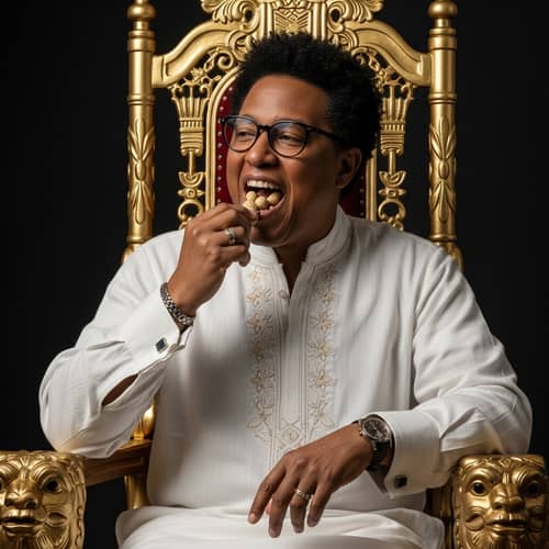 Golden Throne Posing: Enigmatic Leader Enjoying Peanuts