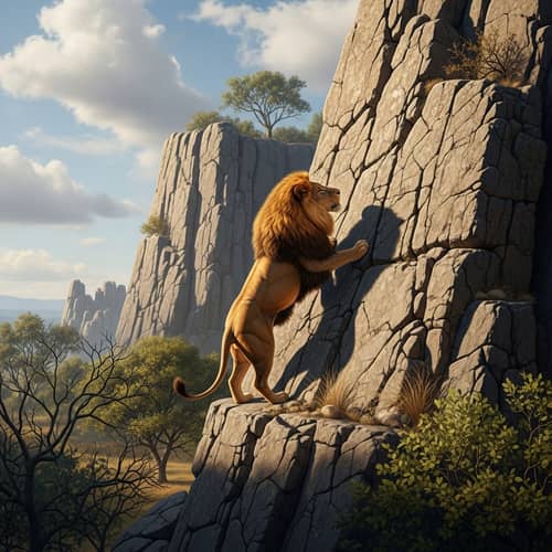 Majestic Lion Climbing a Rocky Cliff