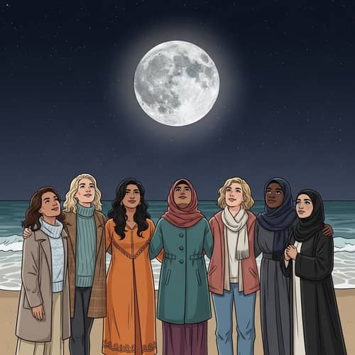 Women Staring at the Moon on Beach | Diverse Group Serenity