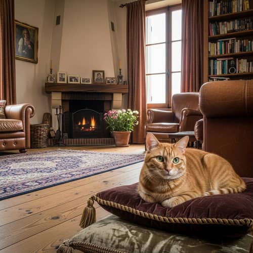 Cozy Living Room Scene with Ginger Cat on Velvet Cushion