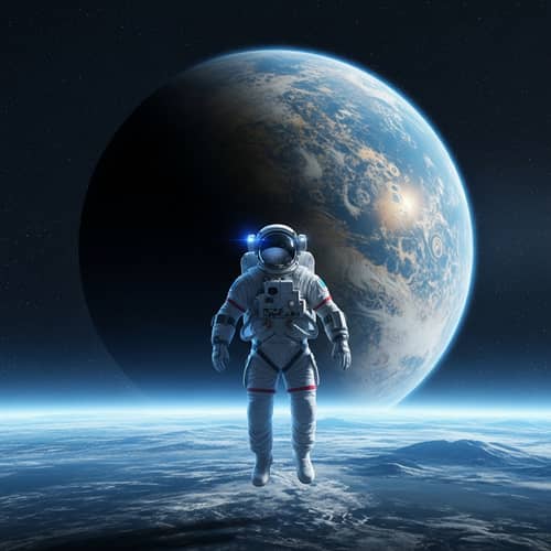Futuristic Astronaut Floating in Space Near Planet | Sci-Fi Scene