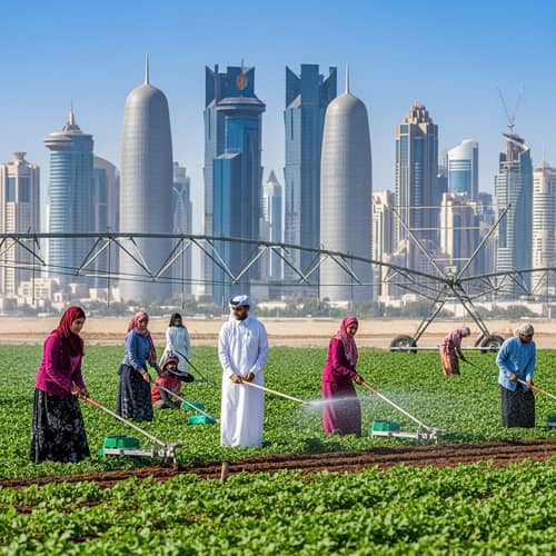 Agriculture Scene in Qatar: Diverse Farmers with Modern Equipment