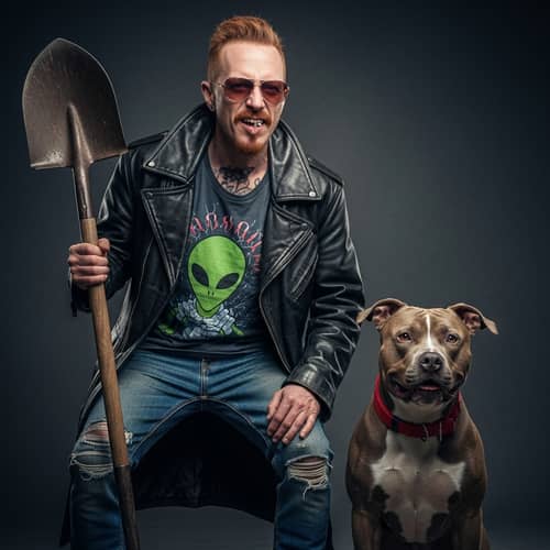 Crazed Red-Haired Drug Addict Man with Shovel and Pit Bull