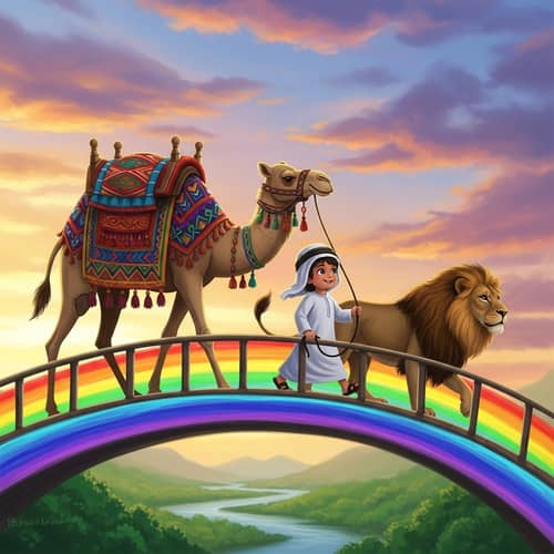 Middle-Eastern Child Guiding a Camel and Lion Across Rainbow Bridge